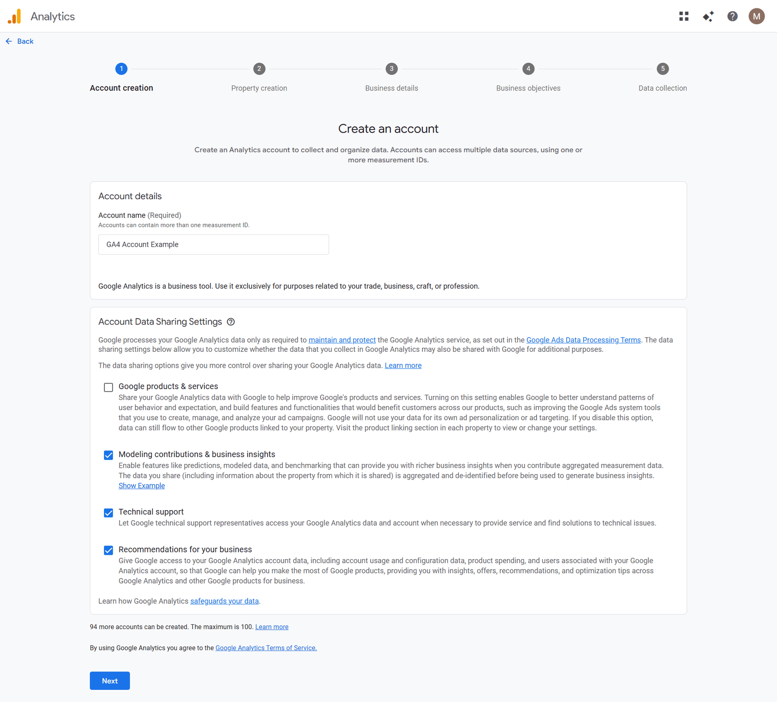 google analytics create account screen