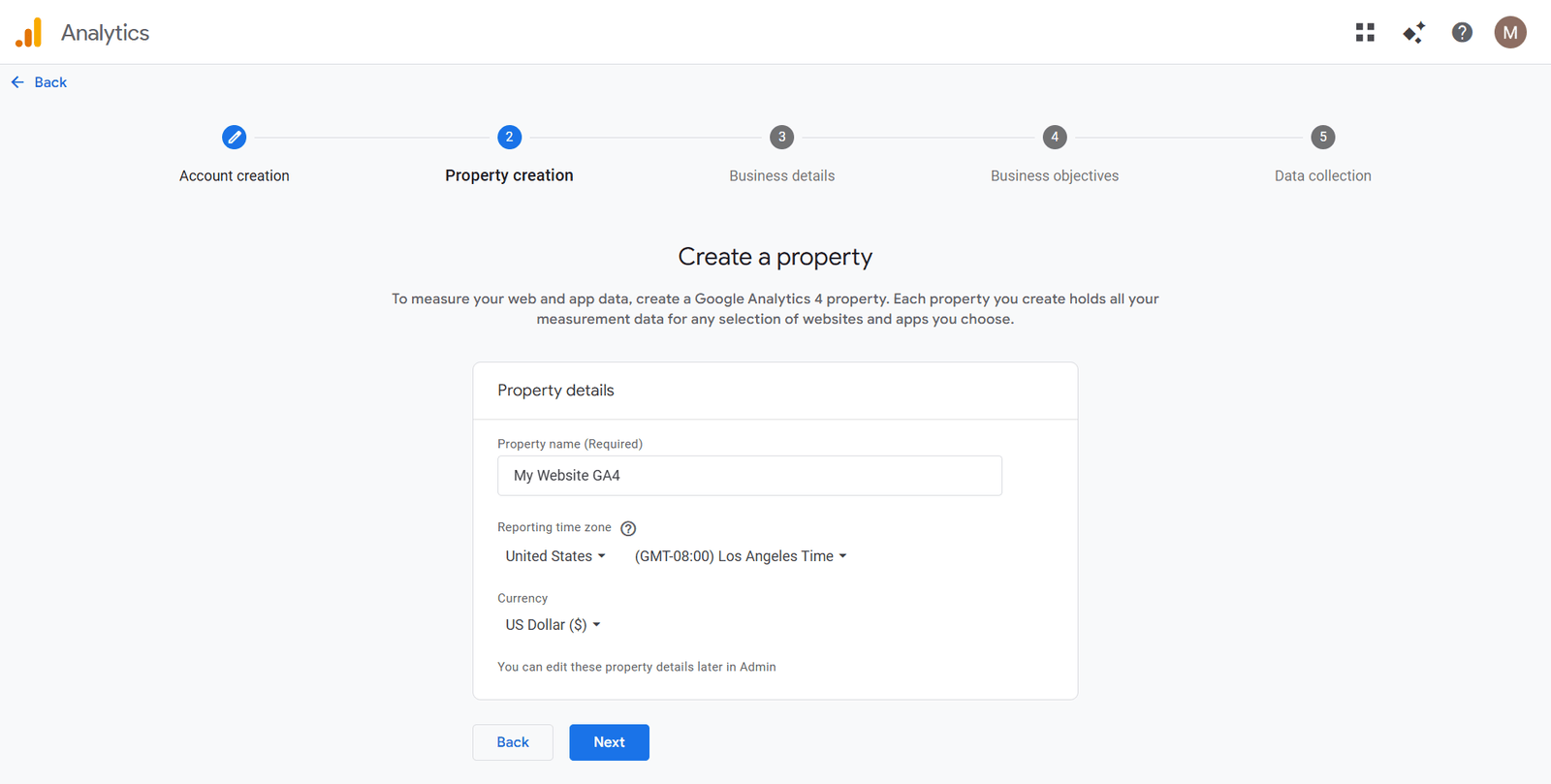 google analytics create property screen