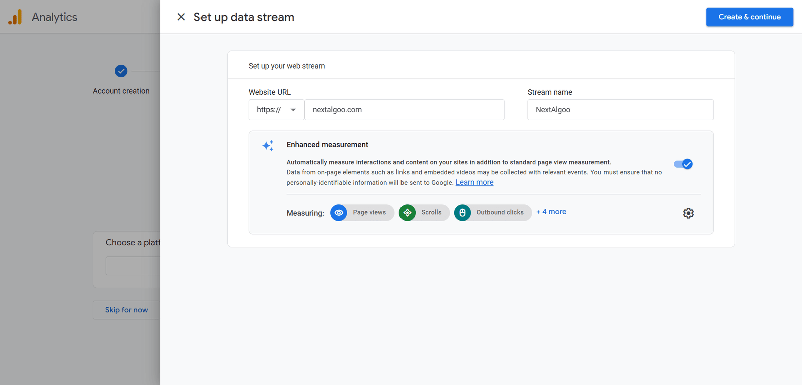 google analytics web create data stream