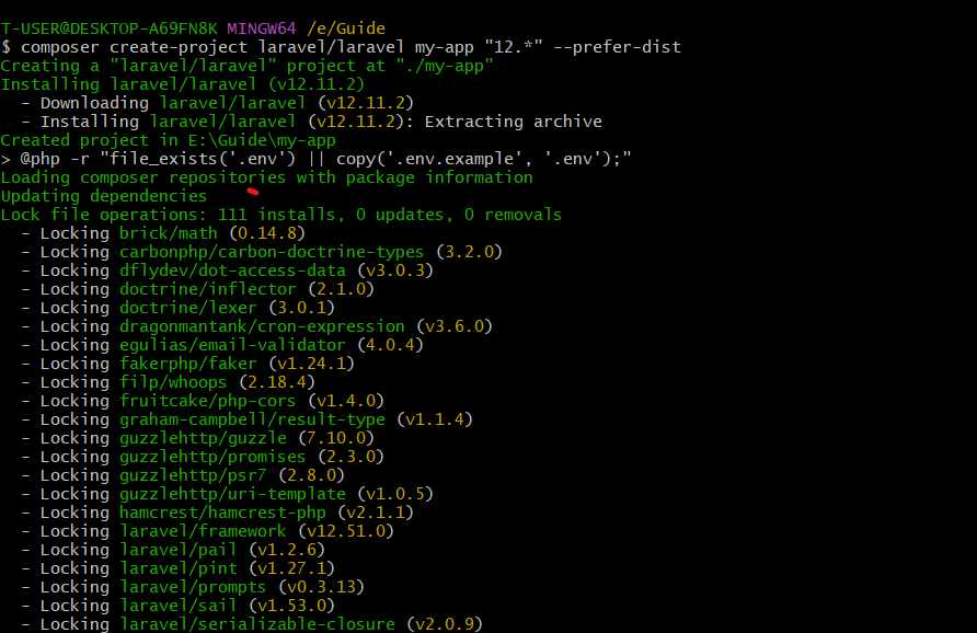 install/create larvel 12 project via cmd