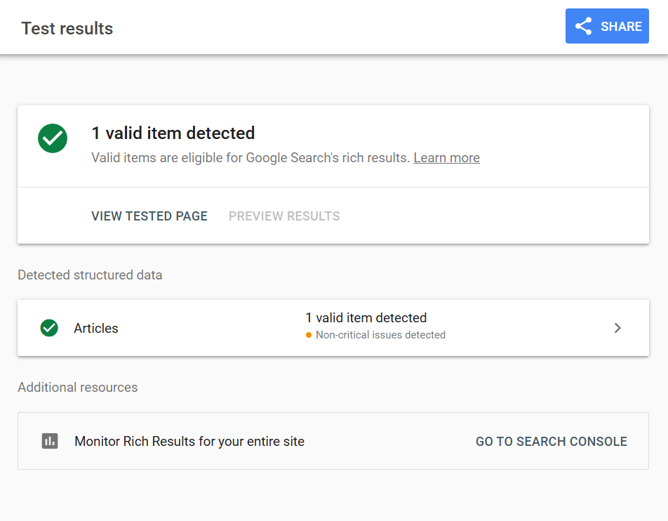 schema markup test screenshot