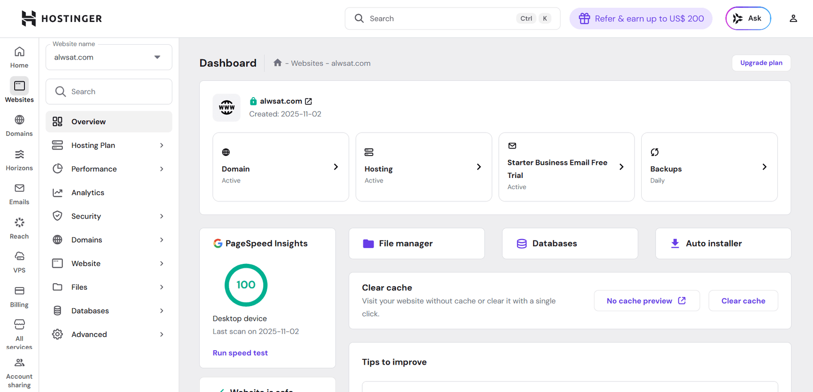 hostinger dashboard panel