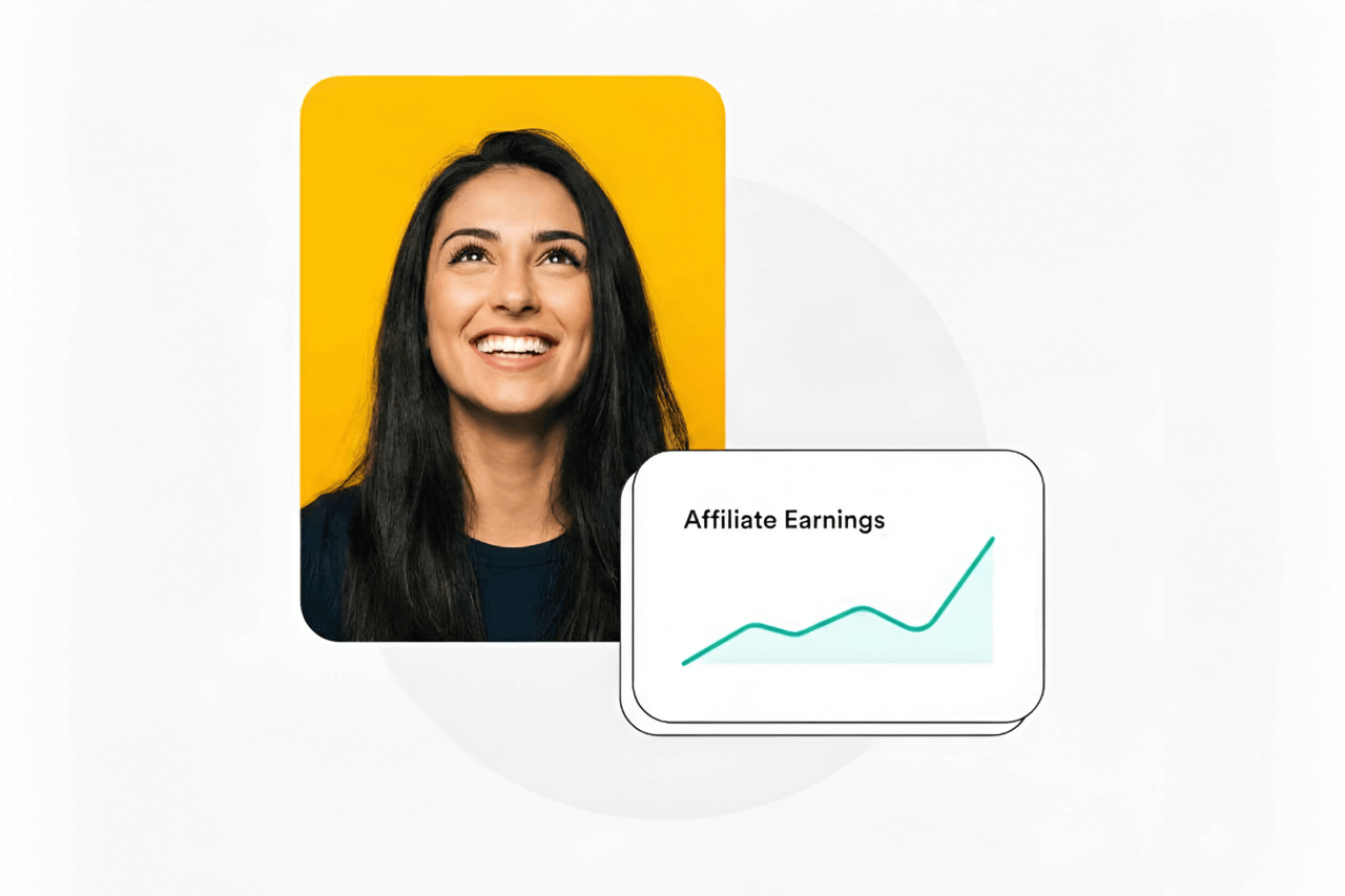 Smiling woman with rising Affiliate Earnings chart.