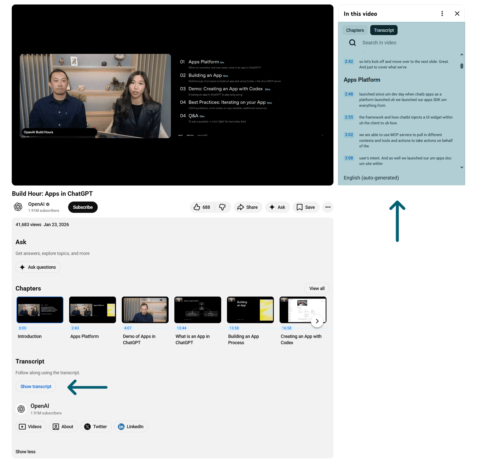 how to show youtube transcript