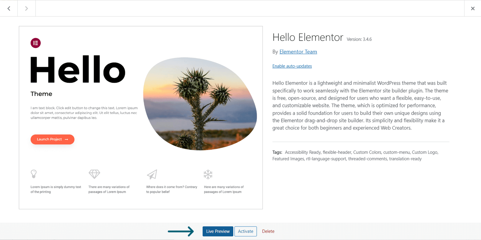 wordpress theme preview before activating screenshot