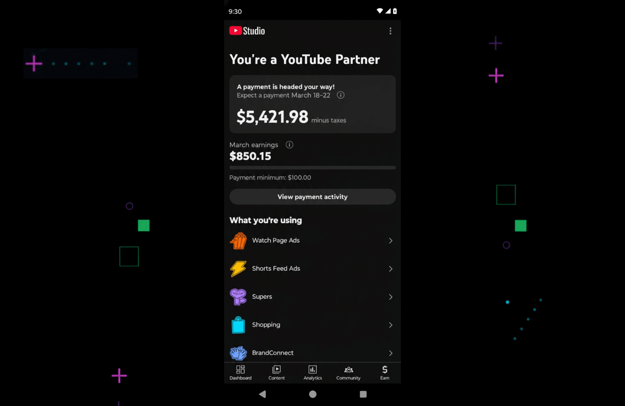 youtube revenue balance dashboard